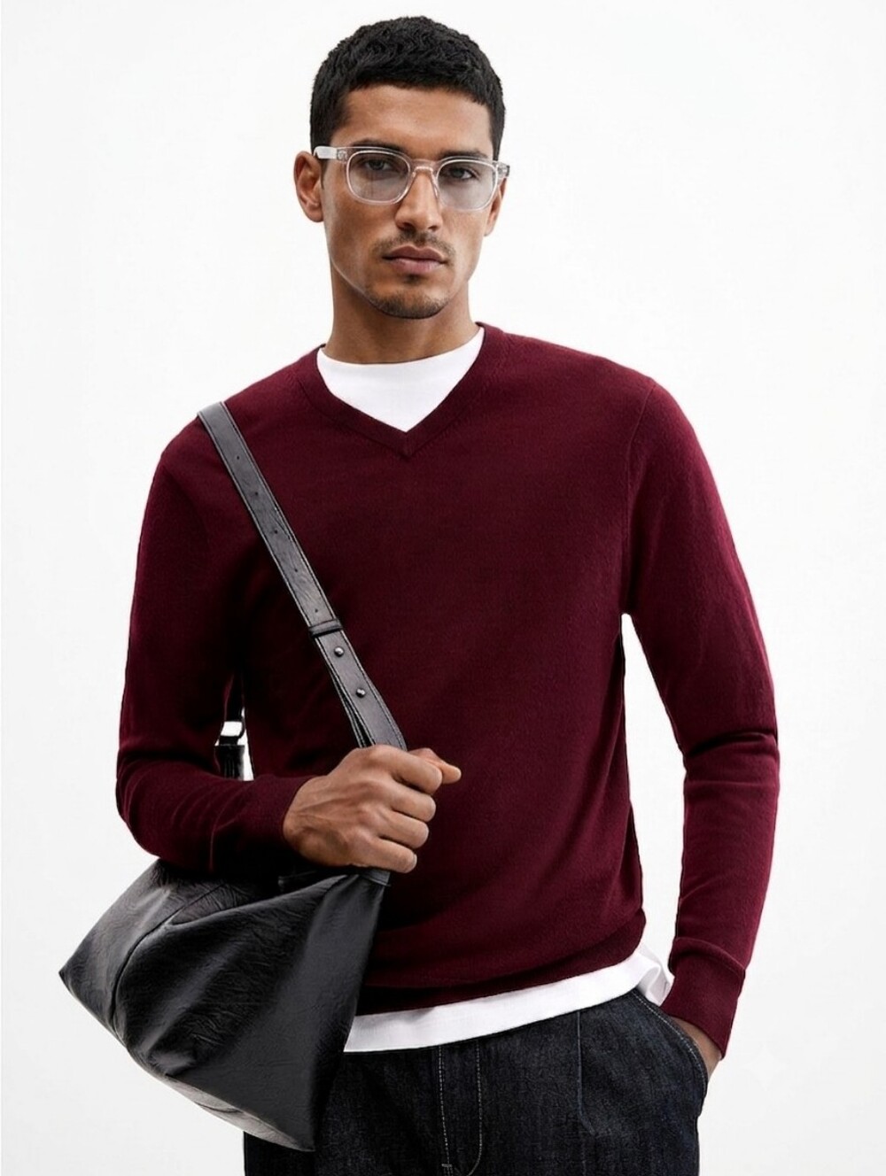 Men's Merino Wool XSMALL V-Neck Sweater in Burgundy - Classic Knit